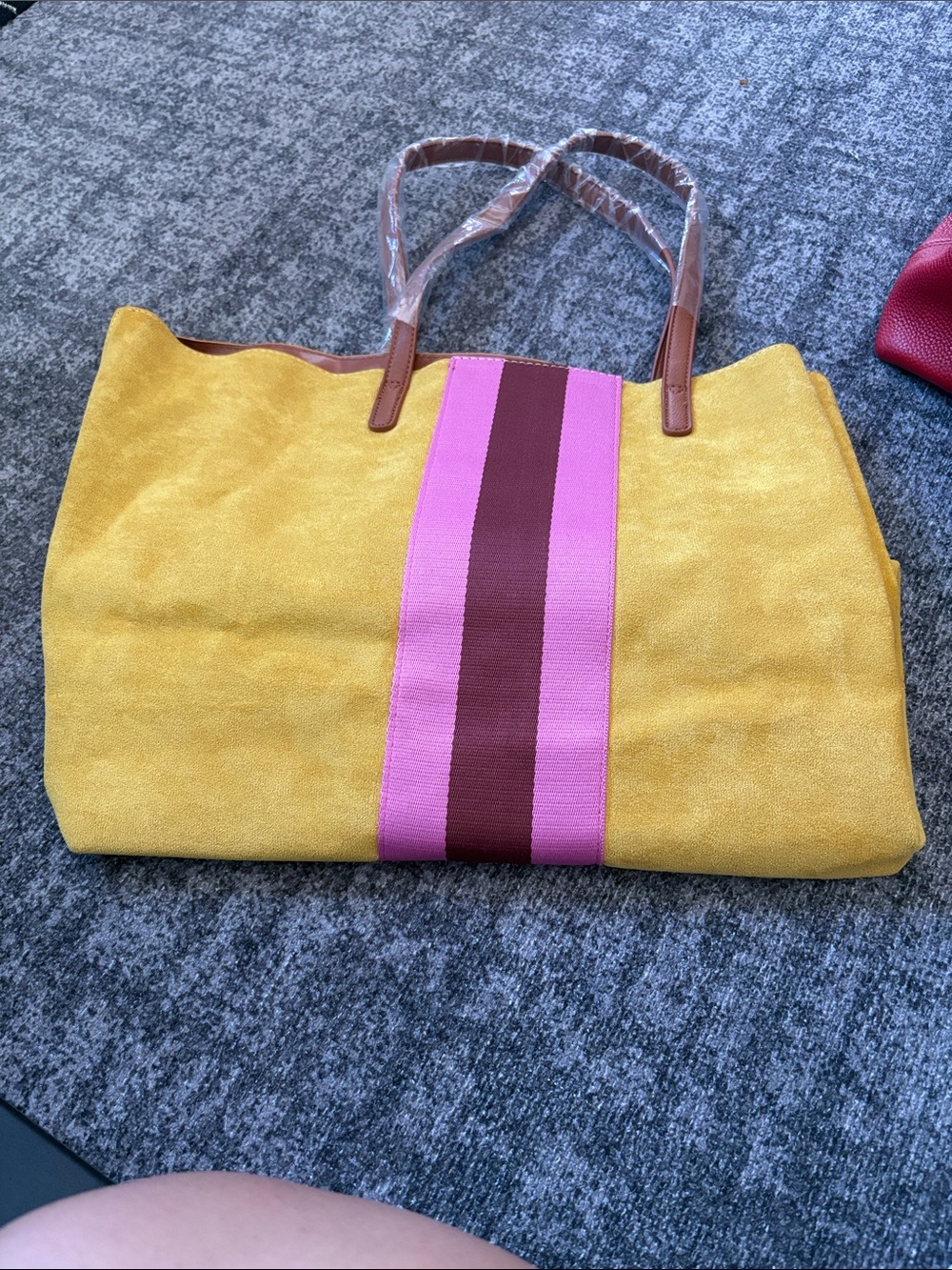 Neiman Marcus Yellow Tote with Pink and Brown Center Stripe